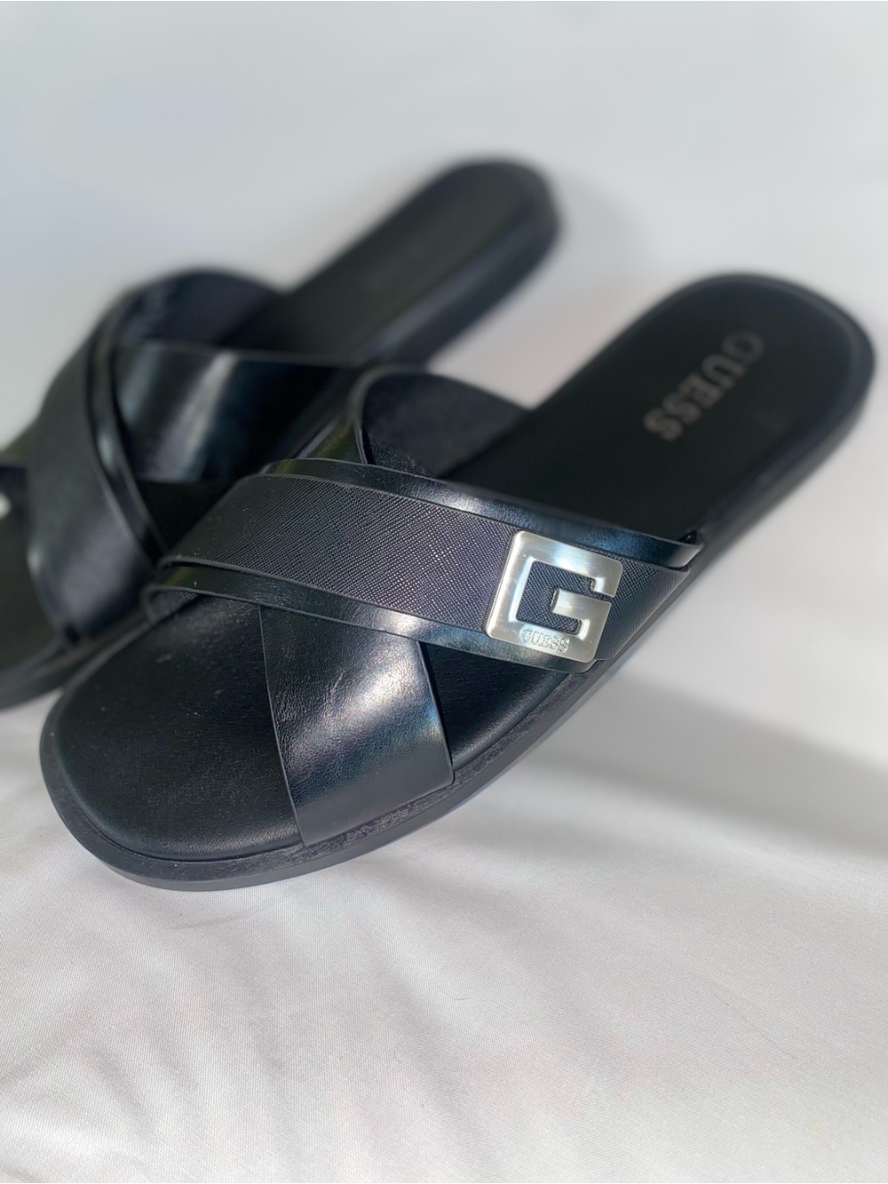 Guess Men's Black Leather Cross-Strap Slides with Silver G Accent